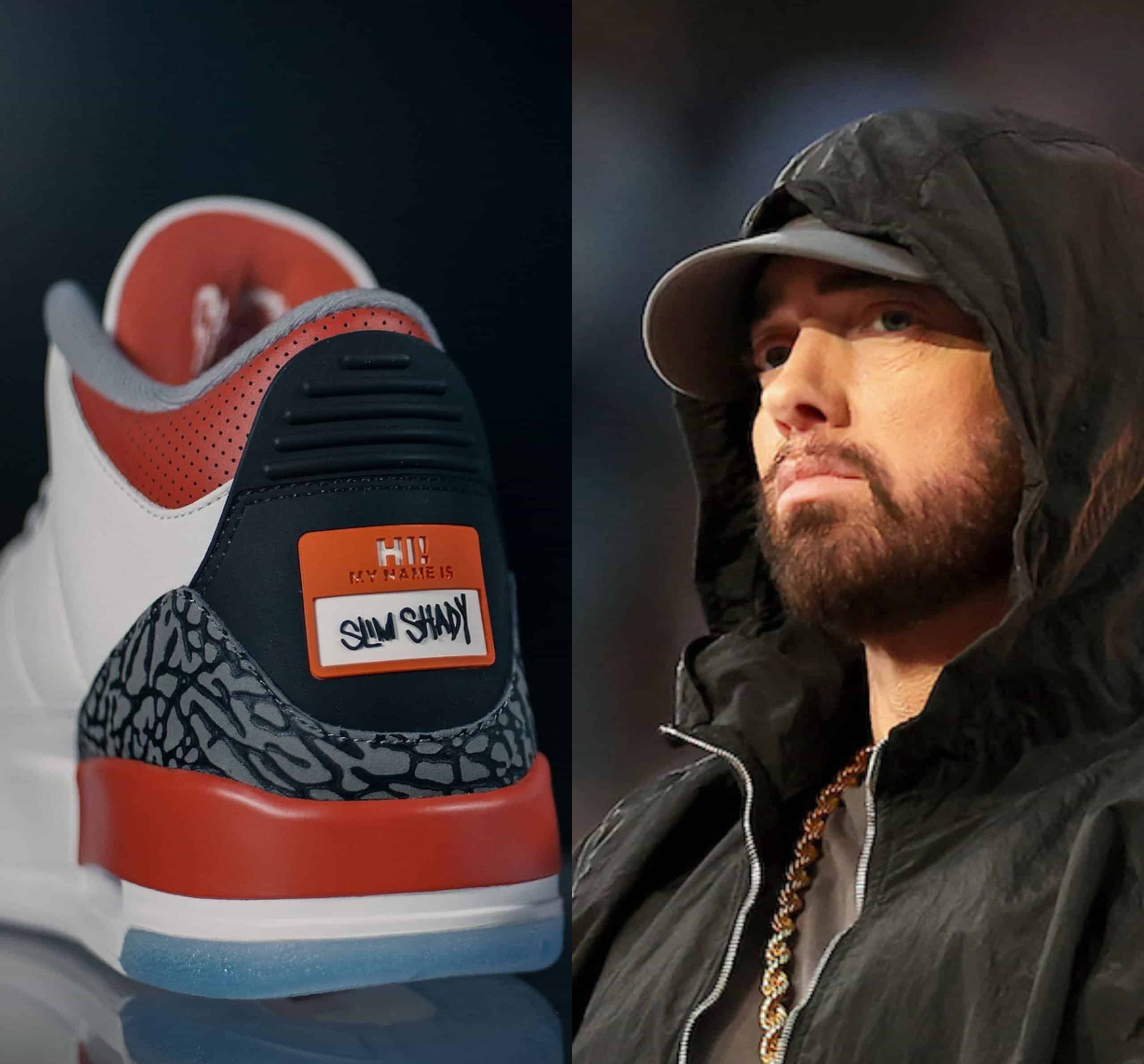 Eminem Rocks My Name Is Customized Air Jordan 3's At Super Bowl Show