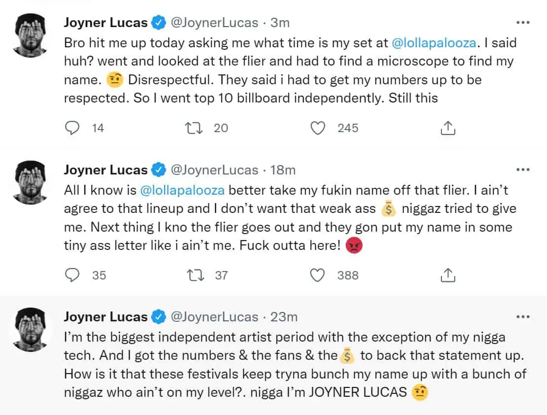 Joyner Lucas Slams Lollapalooza For Lack Of Respect I'm The Biggest Independent Artist