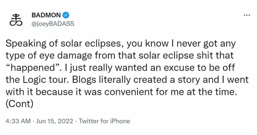 Joey Badass Reveals Solar Eclipse Never Damaged His Eyes, He Just Used It As Excuse To Get Off Logic's Tour 1